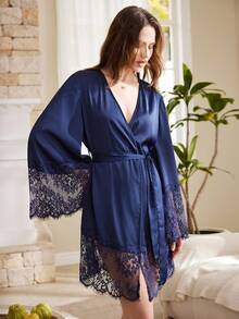 Women's Contrast Lace Elegant Long Sleeve Robe - Royal Blue - View 6