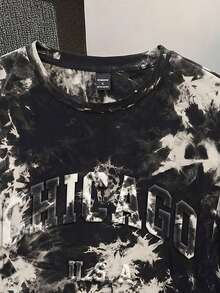 Manfinity Joysei Camiseta de manga corta con cuello redondo casual con estampado de letras en relieve y teñido anudado en negro para hombres - Negro - Ver 3