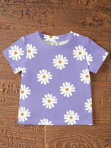 两件套少女休闲甜美度假风雏菊印花圆领短袖T恤和针织修身短裤套装，少女休闲舒适T恤套装日常穿搭，夏季薰衣草色套装 - 彩色 - 查看 6