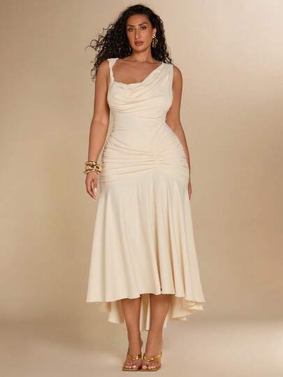 SHEIN BAE Plus Size Women's Extra Long Draped Collar Dress, Light Yellow