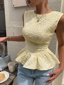 Serisse Women's Floral Jacquard Round Neck Ruffle Hem Sleeveless Blouse,Summer Top - Pale Yellow - View 6