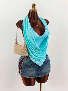 Amplova Blouse femme à col drapé, double couche, avec ourlet asymétrique et fronces sur les côtés - Bleu azur - Voir 4