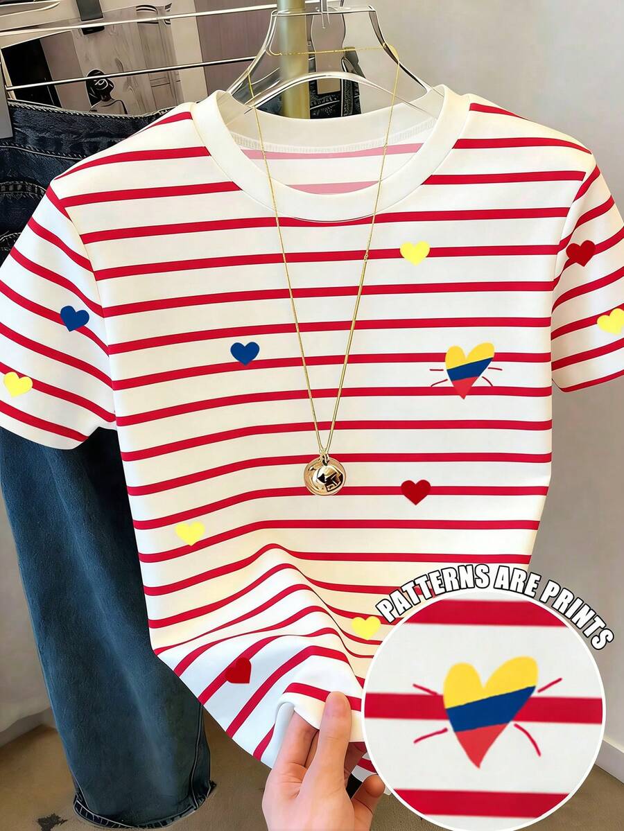 Resyla Standard Size Fitted Short Sleeve Digital Print T-Shirt, Striped Heart Pattern Summer Tee - Multicolor - View 1