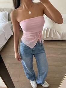 SHEIN 少女休闲简约舒适不对称下摆纯色吊带背心 - 粉色 - 查看 4