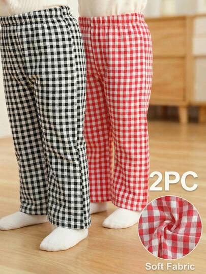 SHEIN Vintaside Kids 2pcs Baby/Baby GirlComfortable Casual Plaid Wide Leg Pants Set, Suitable For Spring, Summer, Autumn Daily Wear