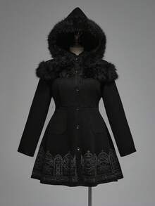 ROMWE Áo khoác cỡ lớn màu đen kiểu dáng cổ điển in hình lâu đài Gothic, thích hợp cho mùa thu/đông, dành cho nữ, có mũ và cổ lông xù, thích hợp cho dịp Giáng sinh. - màu đen - Xem 7