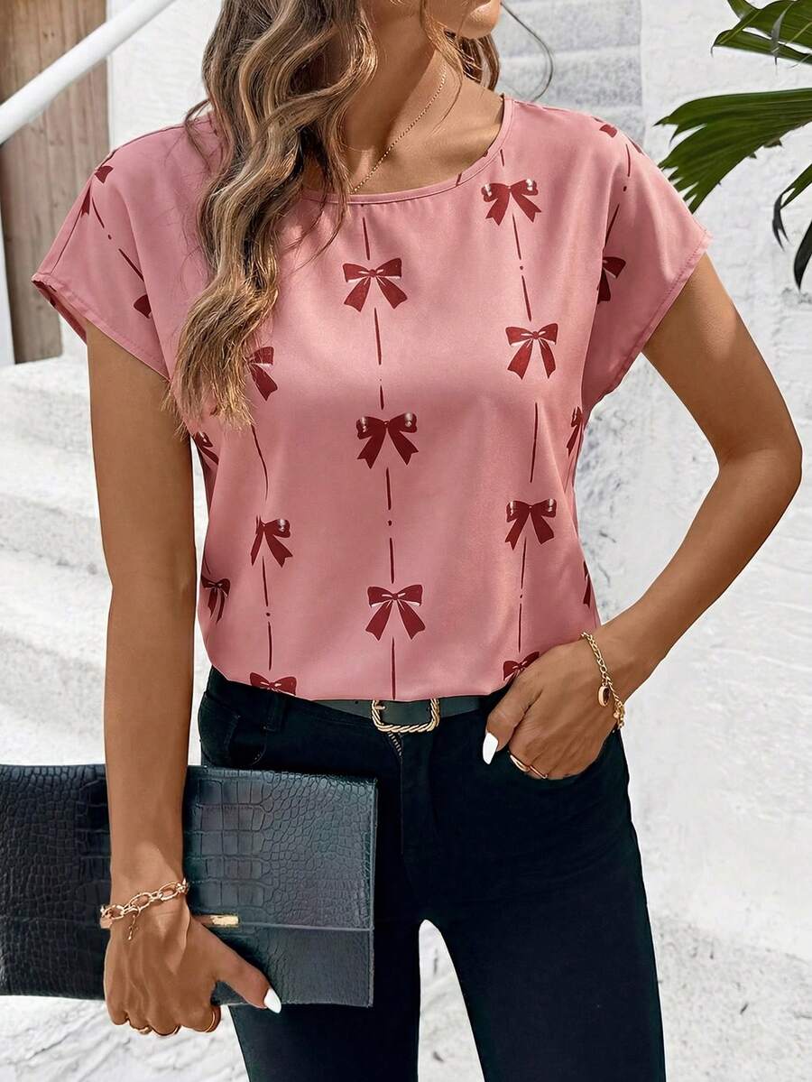 SHEIN Clasi Áo kiểu nữ dáng rộng cổ tròn, kẻ sọc, dáng suông, thắt nơ, họa tiết hình học, thích hợp cho mùa hè. - Hồng - Xem 1
