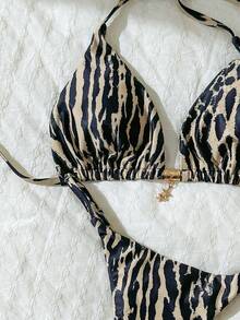 Elavelle Women's Halter Tie Back Zebra Stripe Thong Bikini Set Multicolor Fabric - Multicolor - View 5