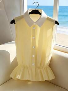 SHEIN LUNE 2026 New French Elegant White And Yellow Summer Top,Women's Shirt Collar With Gathered Hem,Vacation Holiday Stylish Commute Office Wear Casual Shirts - Light Yellow - View 1