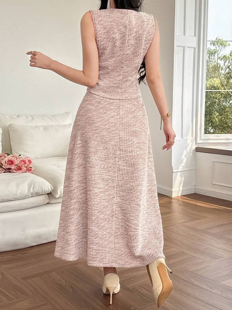 Women's Elegant Single-Breasted Vest And Long Skirt 2 Pieces Set, Spring & Summer