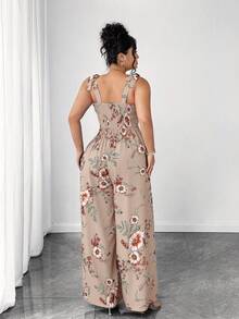 Elenzga Tuta ampia con lacci, casual e romantica, adatta per le vacanze, taglie comode - Beige - Visualizzare 3