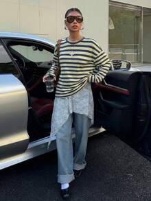 Muchica 休闲简约蓝绿条纹长袖宽松T恤，适合运动、街头、派对、机场穿搭，夏季必备 - 彩色 - 查看 5