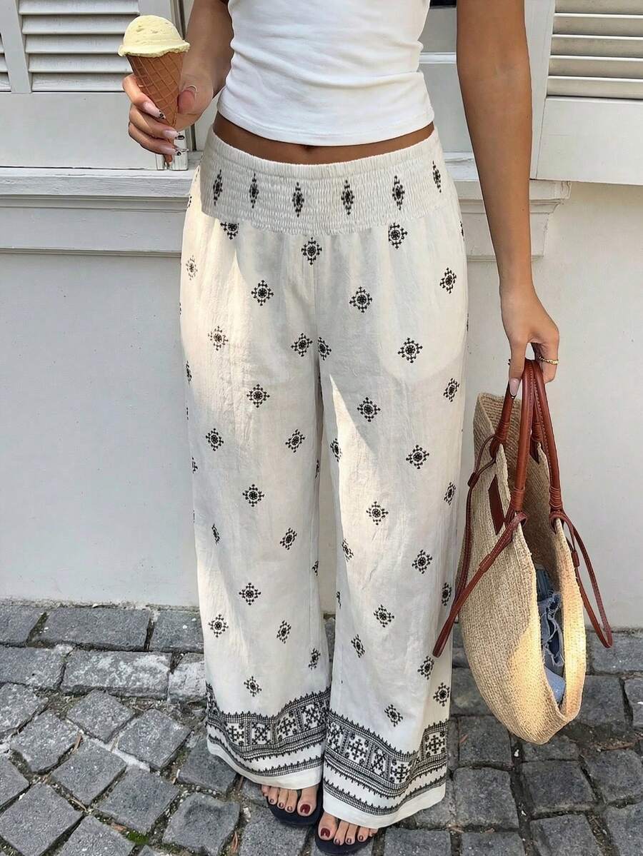 Sunnyshic 杏色水洗竹编结花印花低腰抽绳直筒阔腿裤，女士春夏款，适合度假、海滩、波西米亚风、优雅通勤、浪漫、休闲日常穿着 - 杏色 - 查看 1