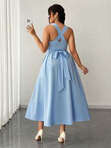 Elenzga 大码女士优雅纯色高弹面料吊带裹身系带连衣裙，后腰处饰有蝴蝶结，腰部褶皱设计，大码半身裙，百搭款式，适合派对、音乐节、休闲、度假、约会、情人节等场合，中长款吊带裙 - 藍色 - 查看 2