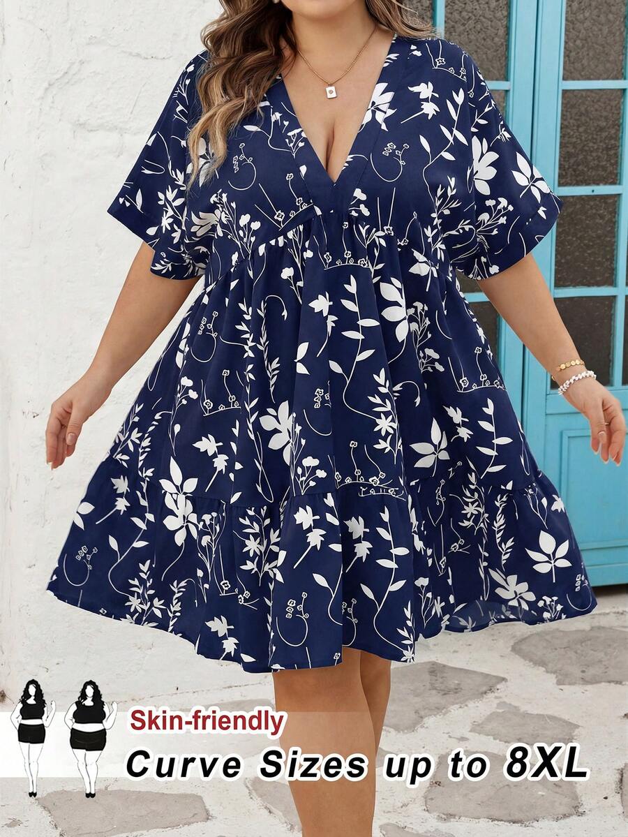 SHEIN CURVE+ 尺码 US22 适合音乐节、海滨度假、波西米亚风的女士条纹V领蝙蝠袖短袖荷叶边下摆休闲连衣裙,秋季女装,冬季,CURVE PLUS - 藏蓝色 - 查看 1