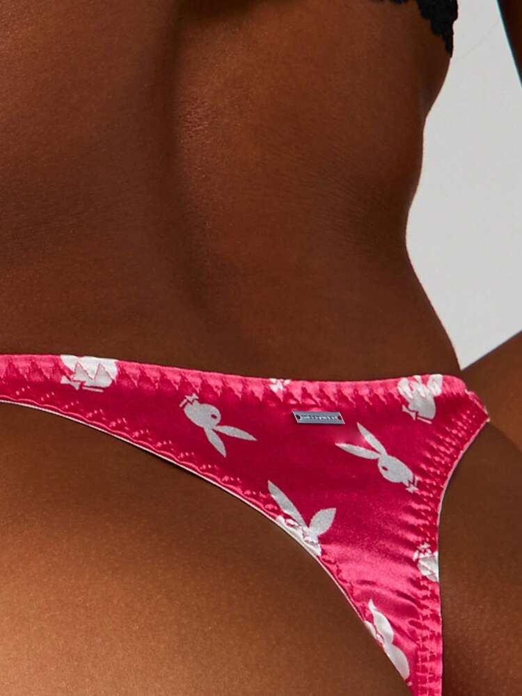 Missguided x Playboy Bunny Print Thong Underwear High Cut Brazilian Style Low Rise Bikini Bottom Brief