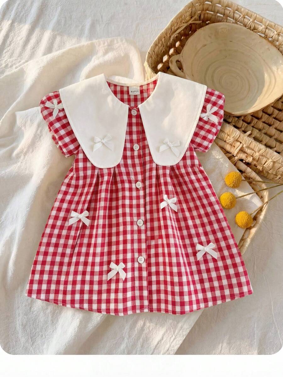 Đầm đỏ kẻ caro dễ thương tay cánh hoa cổ nơ cho bé gái, thích hợp mặc mùa hè. - Đỏ - Xem 1