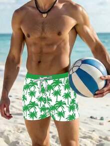 Surfspeed 男士热带椰树印花抽绳泳裤，夏季休闲沙滩泳池短裤 - 彩色 - 查看 3
