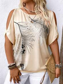 EMERY ROSE Casual Feather Print Off Shoulder Plus Size T-Shirt Graphic Tees Women Tops - Multicolor - View 1