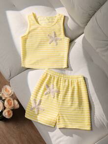 Set 2 buc. Top scurt fără mâneci cu papion în dungi + pantaloni scurți cu tiv cu volane pentru fete adolescente, stil dulce și picant, design non-fleece, potrivit pentru petreceri și ieșiri de vară - Galben - Vizualizare 7