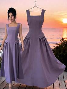 Elenzga Women's French Elegant Square Neck Fitted A-Line Pleated Hem Dress - Purple - View 1