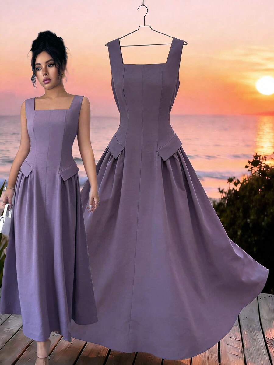 Elenzga Women's French Elegant Square Neck Fitted A-Line Pleated Hem Dress - Purple - View 1