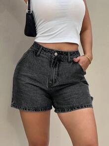 SHEIN PETITE Short en jean délavé décontracté pour femmes avec poches obliques, été - Noir - Voir 5