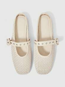 Sleekvia 女士精致镂空平底鞋，时尚舒适方头优雅平底鞋 - 杏色 - 查看 1