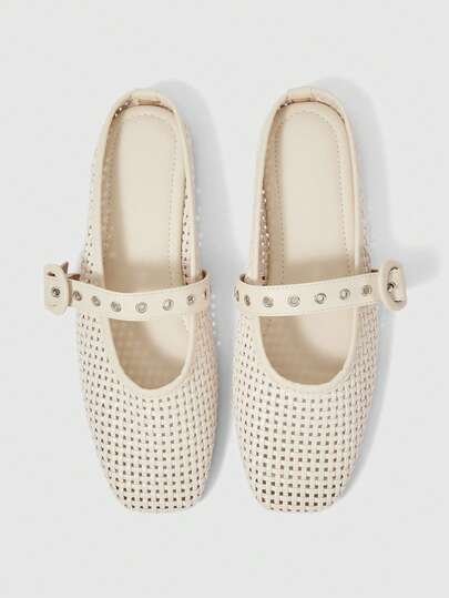 Sleekvia Zapatos planos elegantes para mujer con puntera cuadrada, diseño hueco y cómodo, de moda