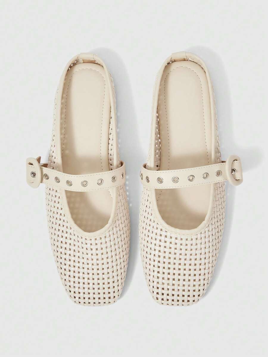 Sleekvia 女士精致镂空平底鞋，时尚舒适方头优雅平底鞋 - 杏色 - 查看 1