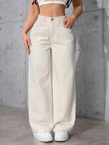 SHEIN PETITE Jeans rectos y sueltos de color liso clásico informal - Albaricoque - Ver 6