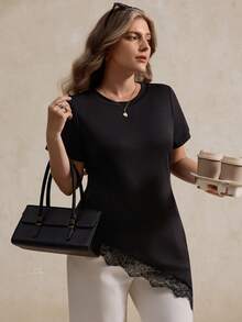 Elegantrix Plus Size Women's Elegant French Style Commuting & Casual Lace Patchwork Asymmetric Hem Round Neck T-Shirt, Spring/Summer - Black - View 6