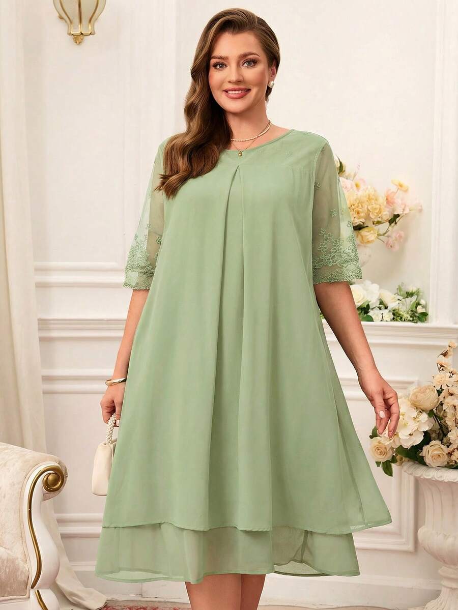 Miaspire Đầm ren phối ren cổ tròn đơn giản, thanh lịch, thích hợp mặc mùa hè cho nữ, đầm kín đáo cho nữ, đầm dự tiệc cưới cho nữ, đầm ren chiffon. - màu xanh lá - Xem 1
