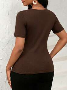 Lady Blusa casual de mujer de manga corta con panel de malla y cuello redondo con estampado de leopardo, camiseta de manga corta para uso diario - Marrón - Ver 2