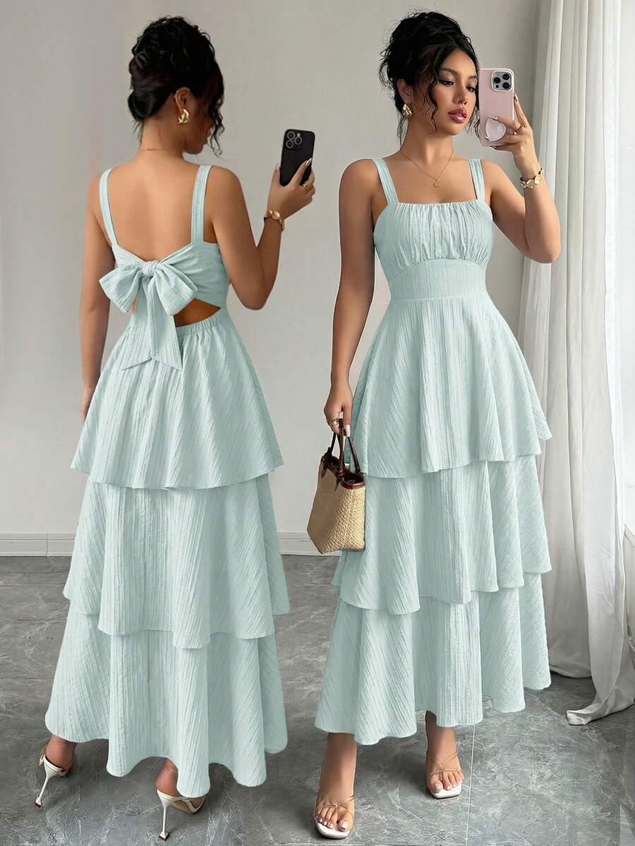 Elenzga Women's Elegant Sleeveless Layered Ruffle Dress, Textured Fabric, Suitable For Beach Dates, Spring/Summer - Mint Green - View 1