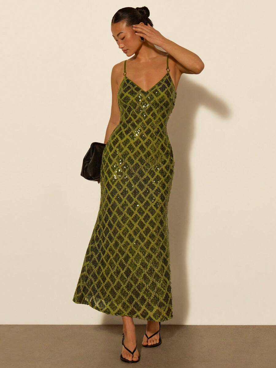 COSMINA Women's Sequin Mermaid Hem Elegant Spaghetti Strap Mid-Length Dress - Green - View 1