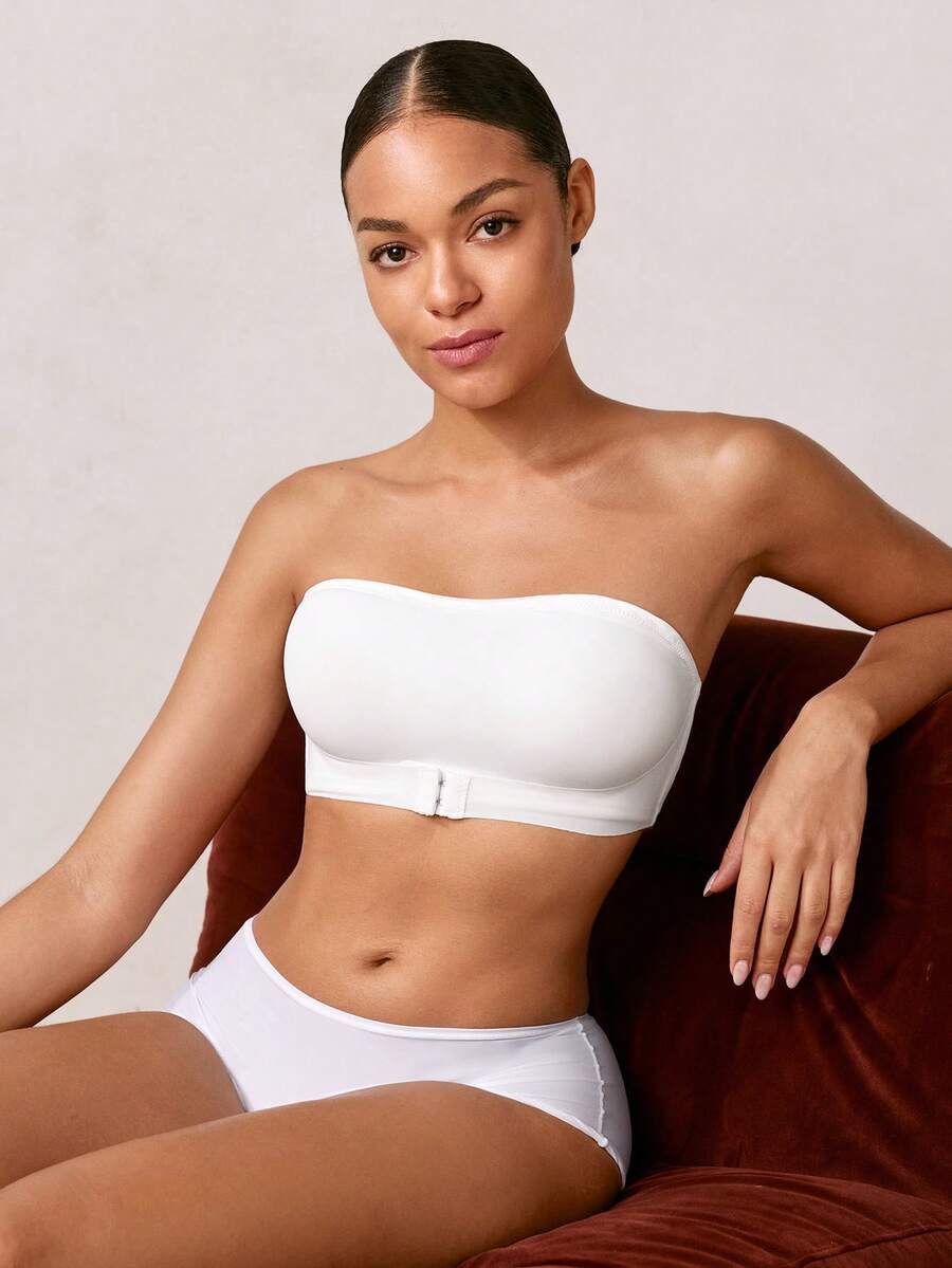 Veilyse Women Front Closure Strapless Bra Push Up Removable Padding Wireless Sexy Bandeau Tube Bra Comfort Tube Top Adjustable Anti Slip Rubber Strips Intimates Lingerie Black Basic Breathable Fabric Women Underwear ﻿ ﻿For Summerfor Summer - White - View 1