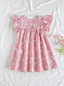 SHEIN Vintaside Kids 女童夏季黄色格子雏菊印花短袖迷你连衣裙，田园风格，清新图案，轻盈廓形，适合户外、休闲和派对穿着 - 彩色 - 查看 2