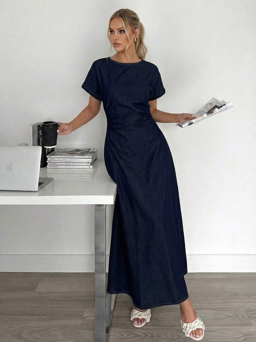 Siren Gaze Đầm denim nữ thanh lịch, gợi cảm, tối giản, màu trơn, thắt eo, xẻ tà cao, thích hợp cho mùa hè. - Rửa tối - Xem 1