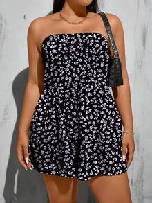 SHEIN Essnce 大码休闲简约碎花抹胸上衣和短裤连体裤 - 彩色 - 查看 1
