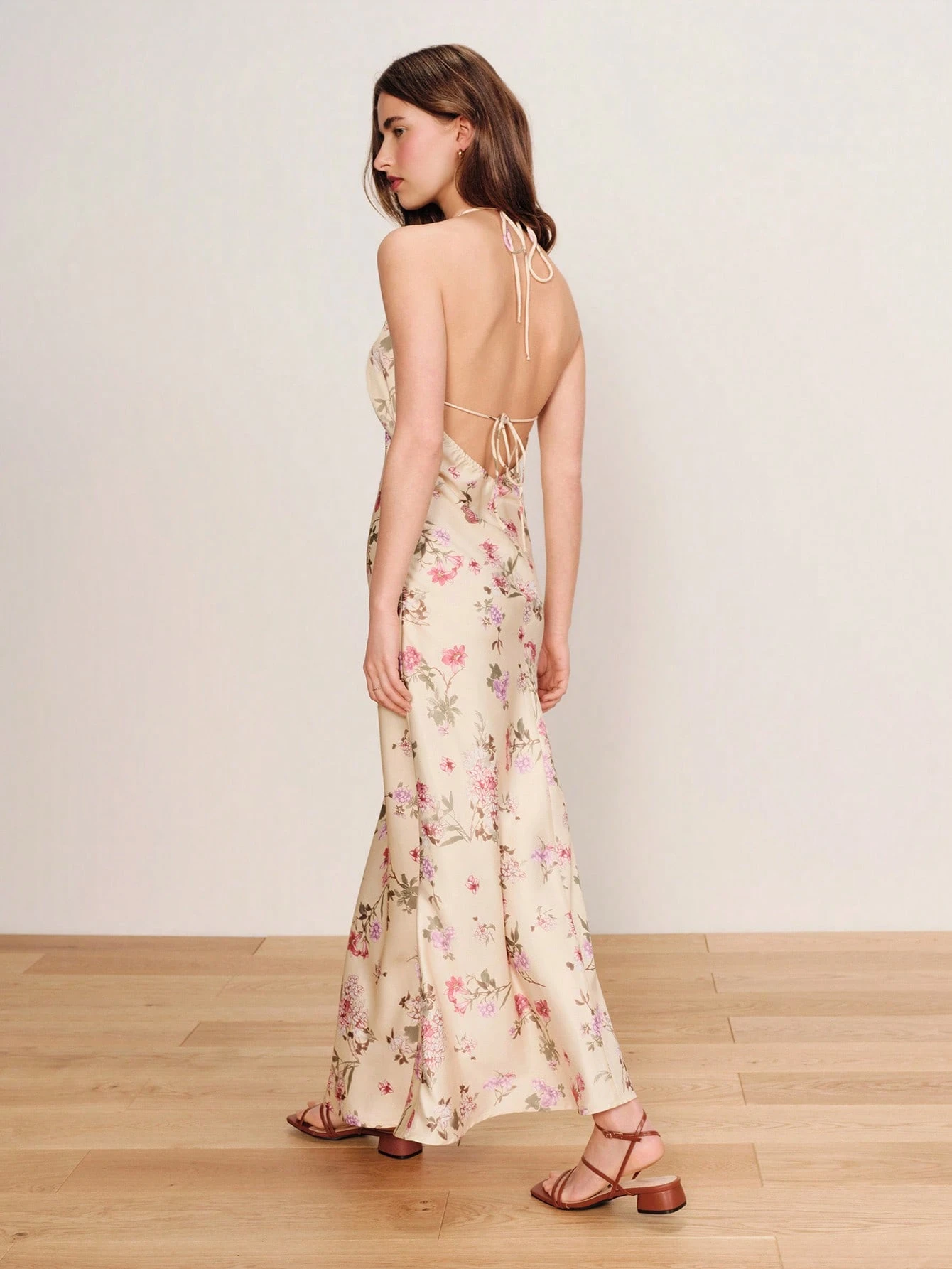 Yellow Floral Print Satin Strappy Maxi Dress With Tie Back Detail Spring Summer Occasion Dress Vacation Dress Wedding Guest Dress French Style Parisian Style Festival Dress Yellow Long Dress