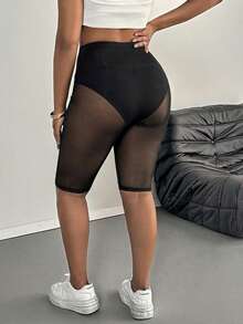 SHEIN PETITE CURVE 大码女式纯色透视极简骑行短裤，适合夏季出行 - 黑色 - 查看 2