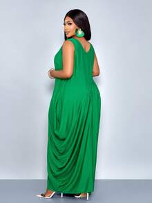 SOLERSUN Vestido midi plisado de envoltura holgada con cuello en V profundo sin mangas de lino de algodón sintético de unicolor para mujeres de talla grande. Un vestido versátil y elegante, adecuado para el uso diario, vacaciones en la playa, el Día de San Patricio, Pascua, festivales de música, fiestas, citas, temporada de bodas, estilo callejero, estilo bohemio, noble y elegante, moderno. - Verde - Ver 2