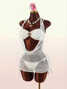 Amplova 3pcs Women's Sexy Halter Bikini Set With Cover Up, Revealing Front Backless Mini Dress Suit, Suitable For Summer - Apricot - View 3