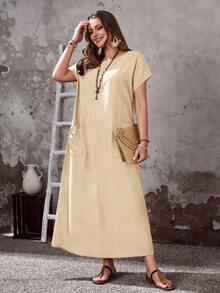 EMERY ROSE Plus Size Women's Summer Boho Vacation Holiday Khaki Dress,Round Neck Short Sleeve Loose Fit Flowy Long Dress With Pockets,Casual Solid Maxi Dress - Apricot - View 6