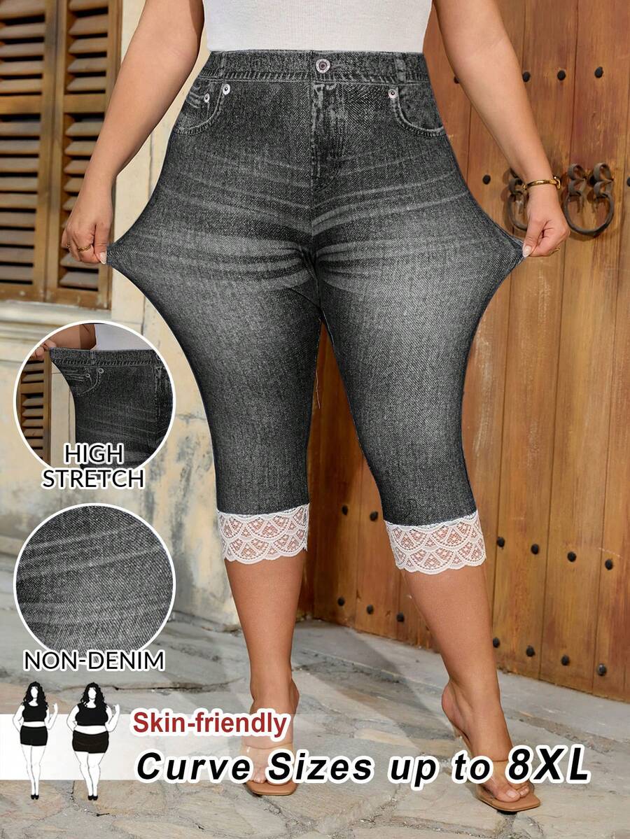 SHEIN CURVE+ Curve 尺码 US22 音乐节、海滨度假、波西米亚风女士休闲牛仔印花打底裤 - 黑色 - 查看 1