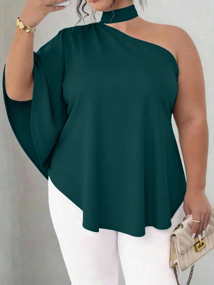 SHEIN CURVE+ Plus Size Elegant Commuter Solid Color Asymmetric Blouse, Summer - Cadet Blue - View 1