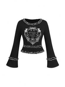 ROMWE Gothic Magic Cat Bow Star Print Contrast Color Ruffle Hem Black Top, Sweet Gothic Girl Top, Plus Size Women Top Valentine's Day - Black - View 1