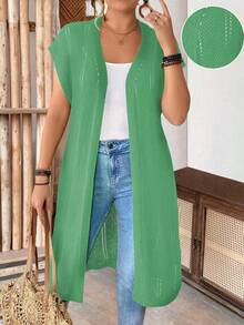 SHEIN LUNE Plus Size Women Sleeveless Hollow Out Long Cardigan, Lightweight, Suitable For Vacation, Commute, St. Patrick's Day, Spring/Summer - Olive Green - View 1