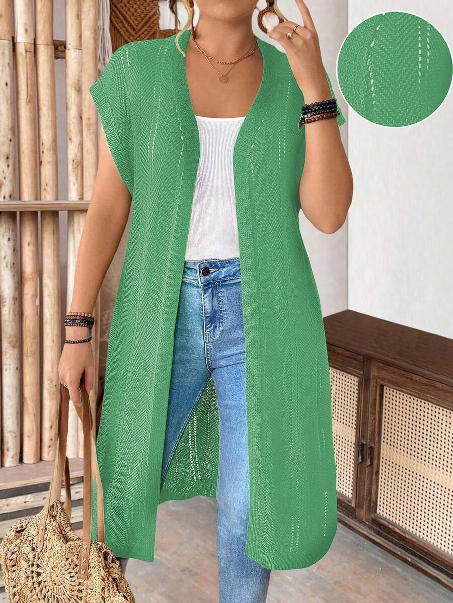 SHEIN LUNE Plus Size Women Sleeveless Hollow Out Long Cardigan, Lightweight, Suitable For Vacation, Commute, St. Patrick's Day, Spring/Summer - Olive Green - View 1